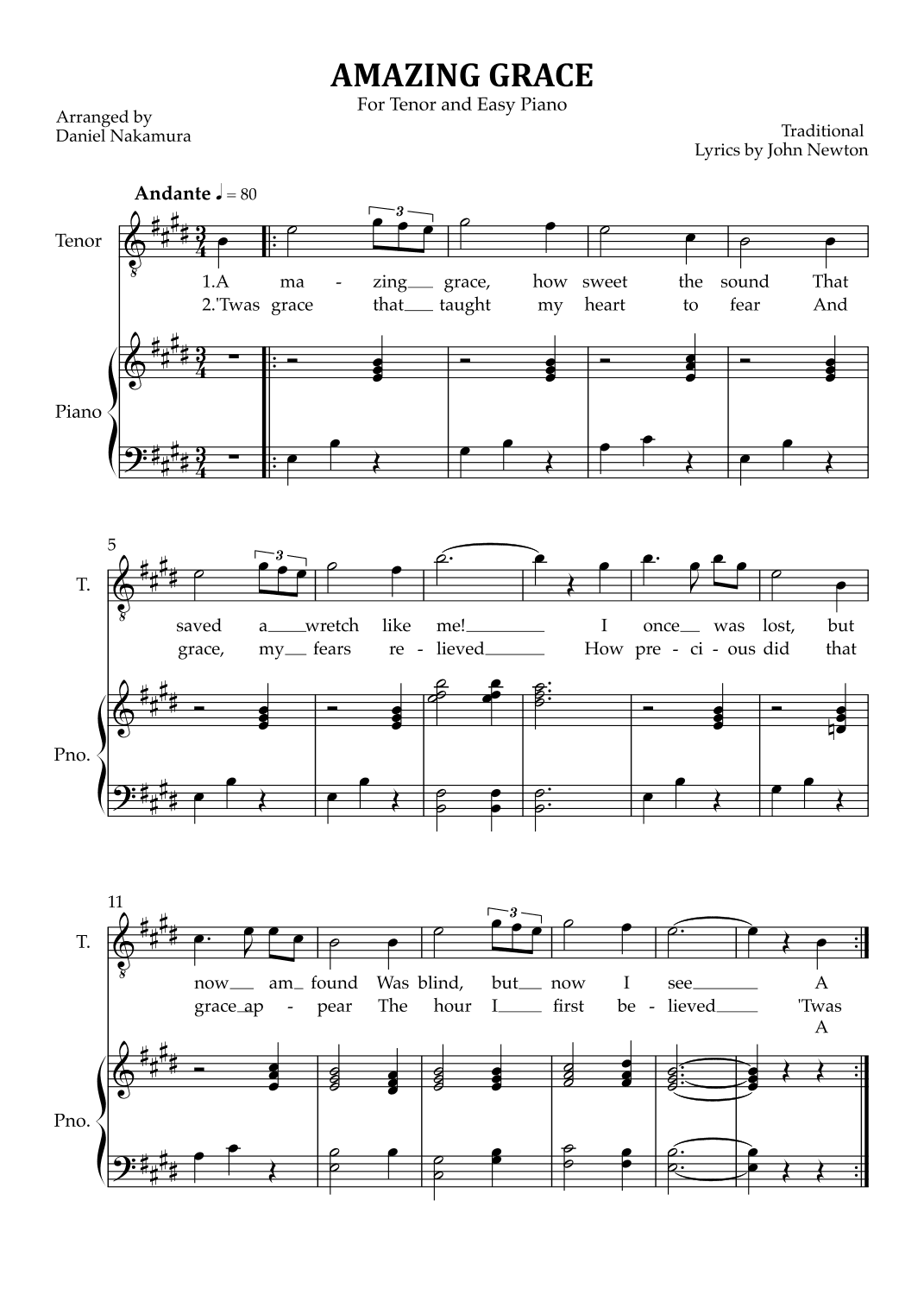 Amazing Grace (for tenor vocal with easy piano) (arr. Daniel Nakamura)