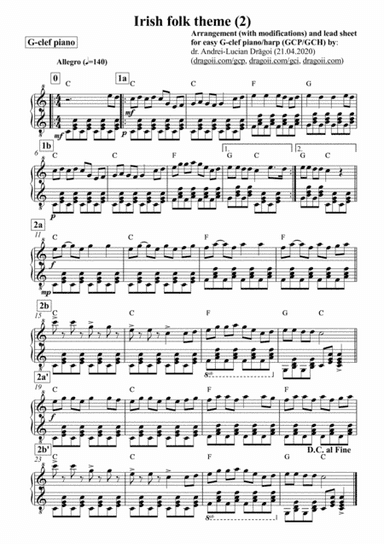Anonymous - Irish folk theme (2) - arrangement (with modifications) and lead sheet for easy G-clef p (arr. Andrei Lucian Dragoi)