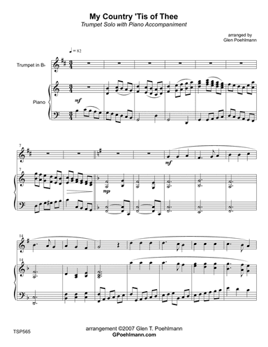 MY COUNTRY TIS OF THEE (America) - TRUMPET SOLO with Piano Accompaniment (arr. Glen Poehlmann)