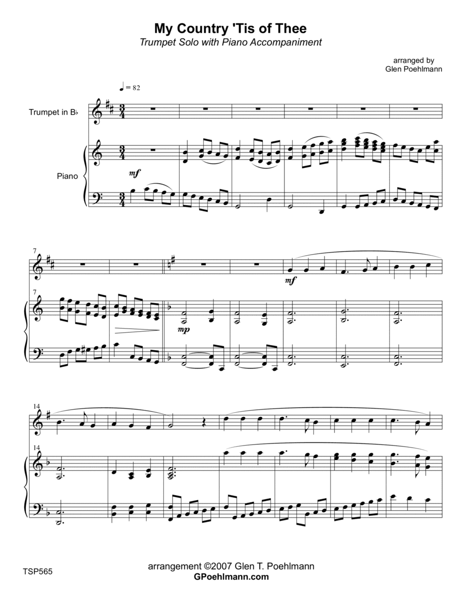 MY COUNTRY TIS OF THEE (America) - TRUMPET SOLO with Piano Accompaniment (arr. Glen Poehlmann)