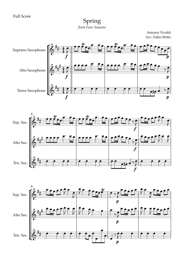 Spring (from Four Seasons of Antonio Vivaldi) for Saxophone Trio (arr. Fabio Britto)
