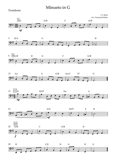 Minueto in G (J. S. Bach) for Trombone Solo with Chords (arr. Fernando Britto)