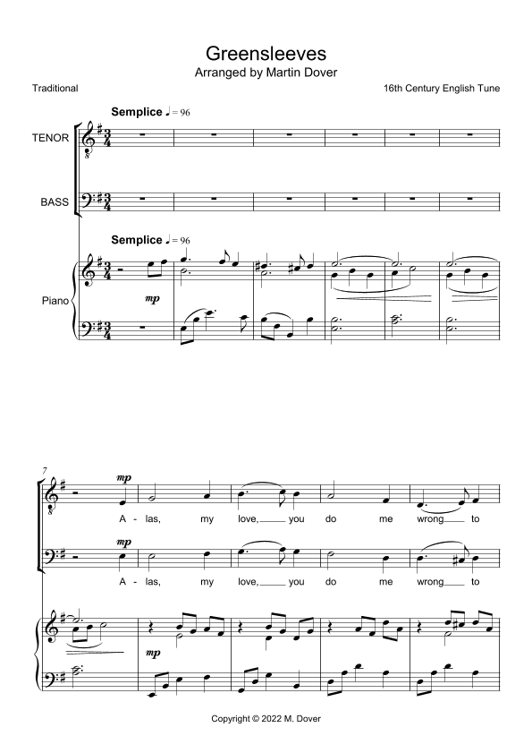 Greensleeves - 2 Part Choir - TB - Lower Voices (arr. Martin Dover)