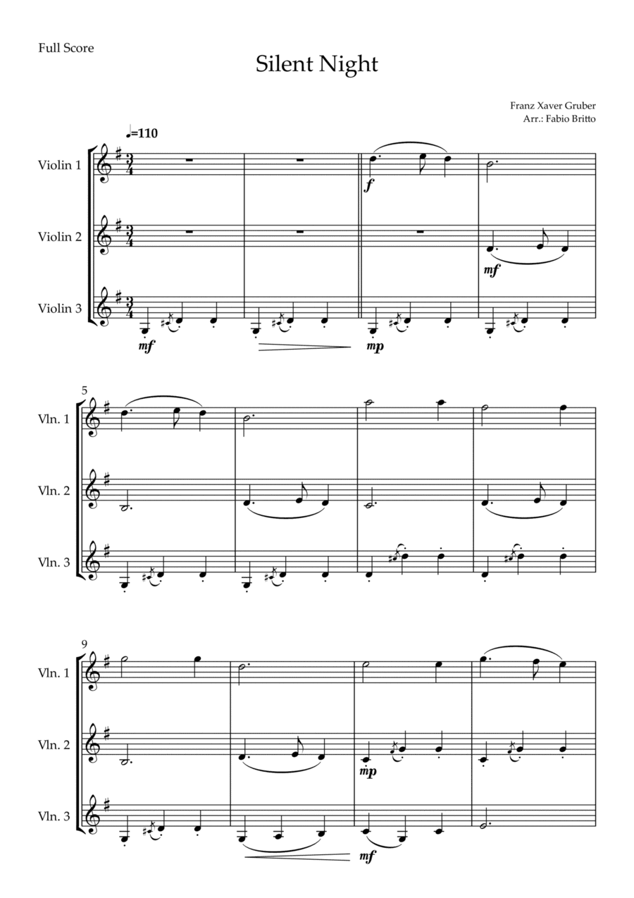 Silent Night (Christmas Song) for Violin Trio (arr. Fabio Britto)