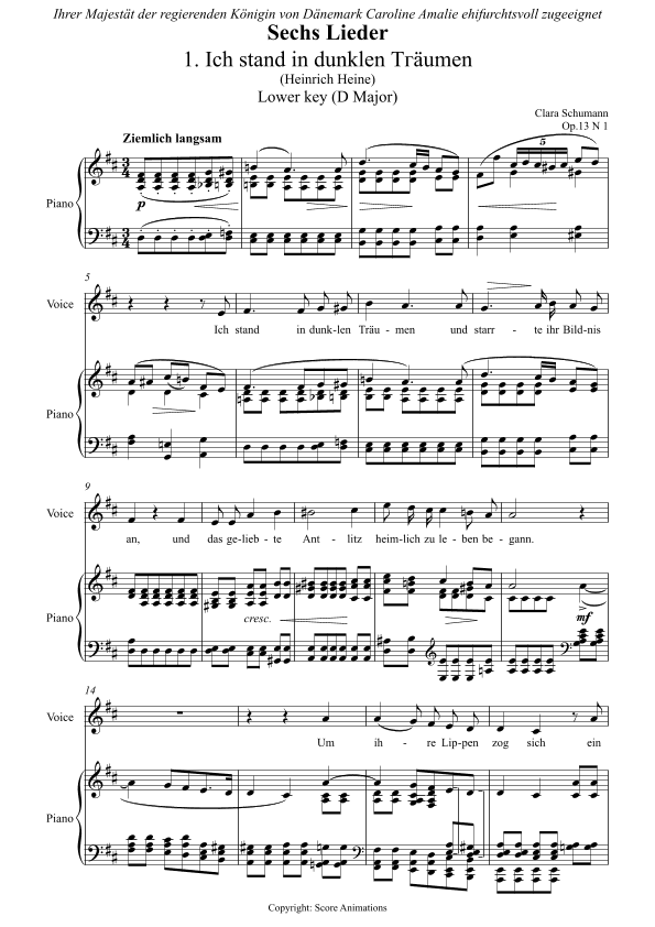 Ich stand in dunklen Träumen Op 13 N1 in D major (Lower key) (arr. Score Animations)