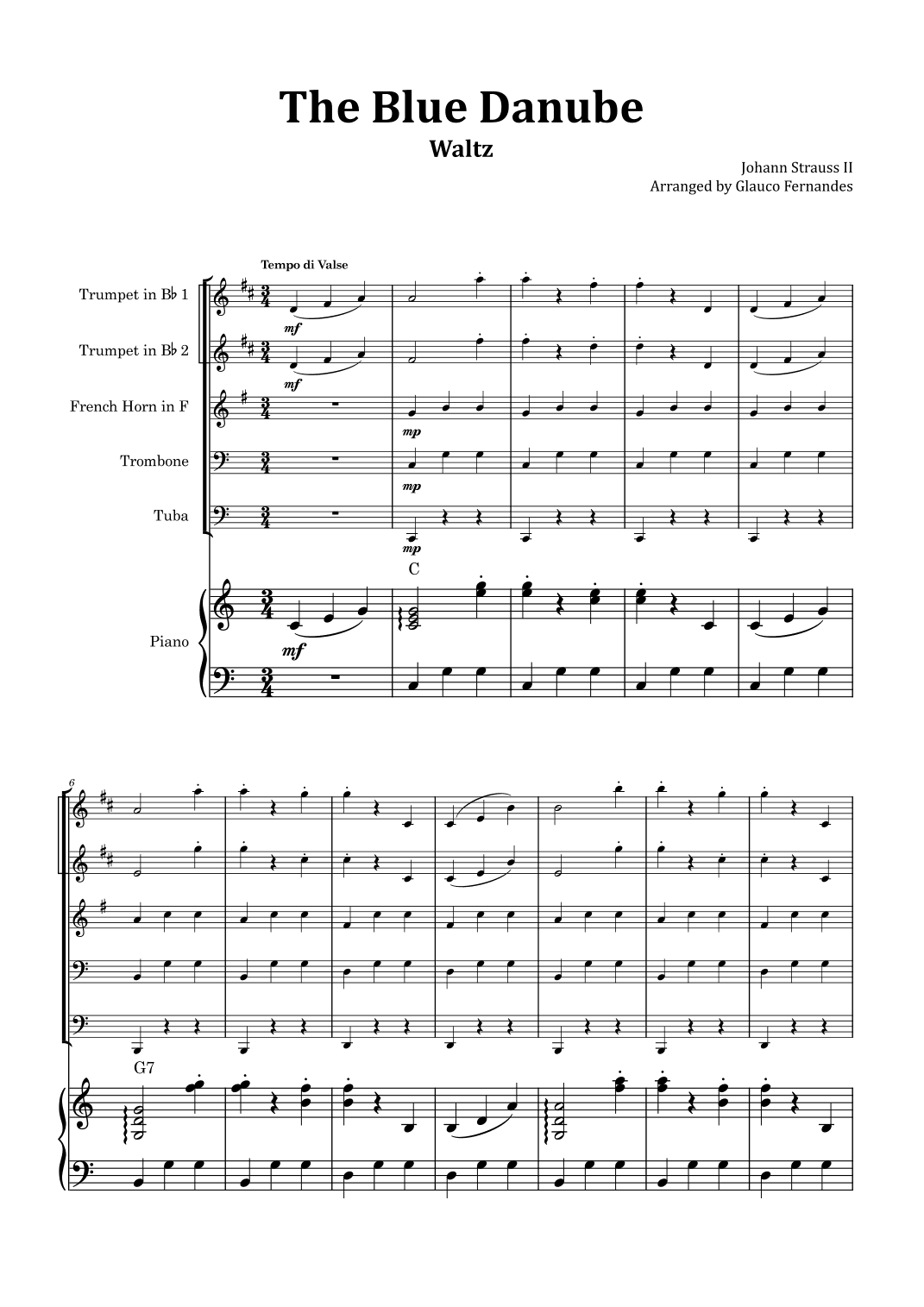 The Blue Danube - Brass Quintet with Piano and Chord Notations (arr. Glauco Fernandes)