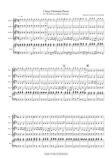 3 Easy Christmas Pieces for Violin Quartet (arr. David Burndrett)