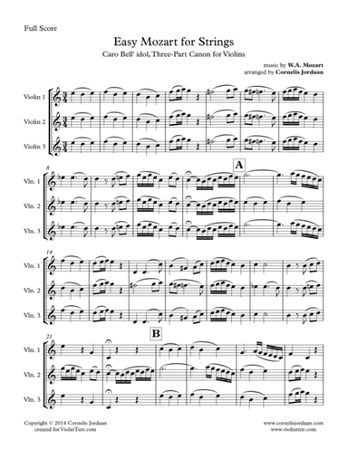 Easy Mozart for Strings - Caro Bell' idol, Three-Part Canon for violins (arr. Cornelis Jordaan)