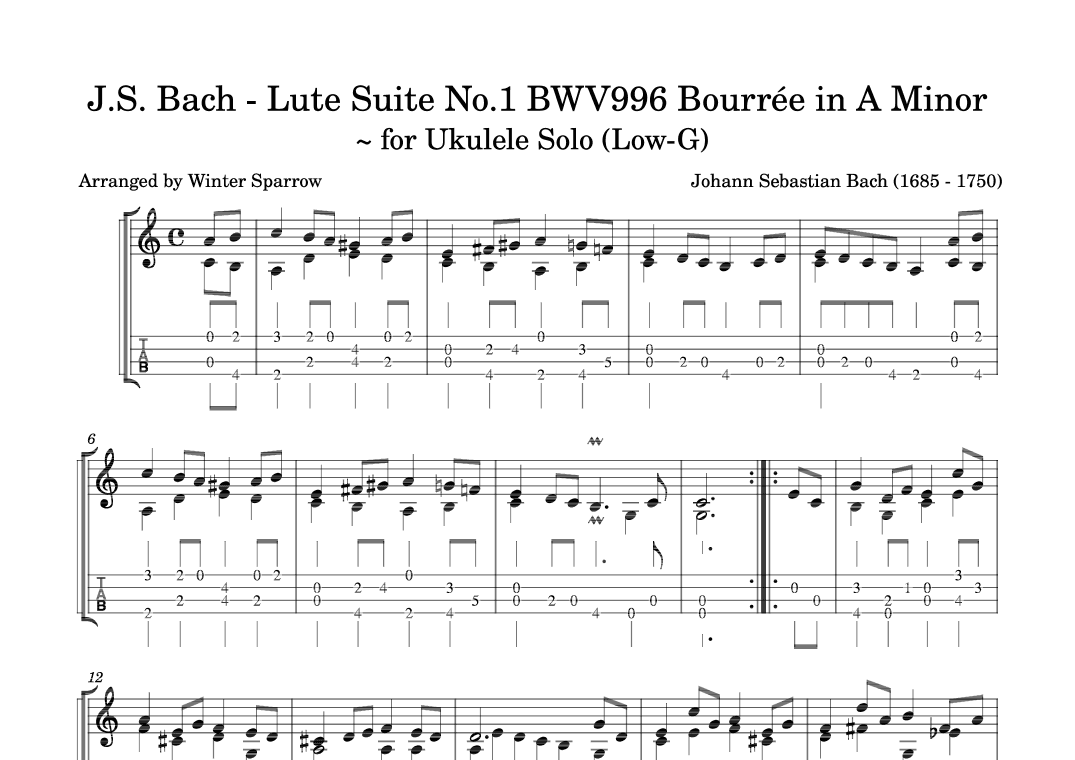 J.S. Bach - Lute Suite No.1 BWV996 Bourrée in A Minor ~ Ukulele Solo (arr. Winter Sparrow)