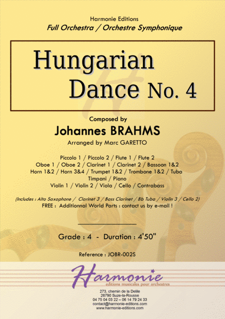 Hungarian Dance No. 4 - J. BRAHMS - arranged for Full Orchestra by Marc Garetto (arr. Marc GARETTO)