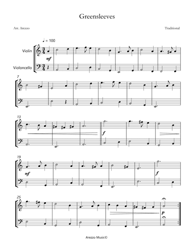 Greensleeves - Violin and Cello Sheet Music (arr. Arezzo Music)