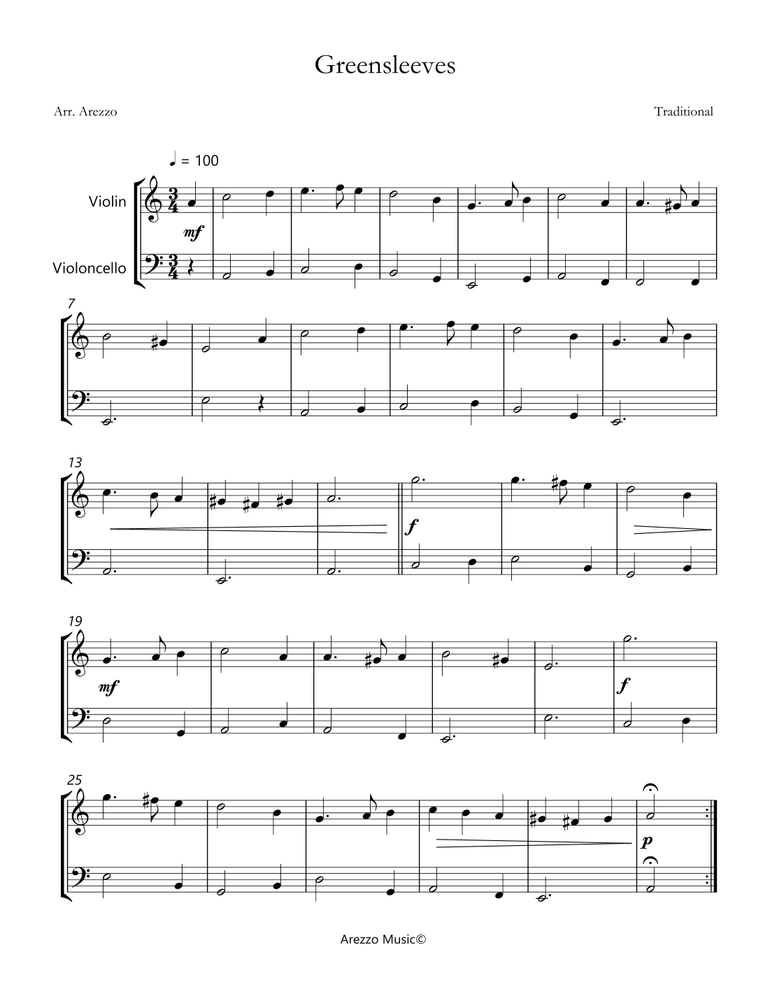 Greensleeves - Violin and Cello Sheet Music (arr. Arezzo Music)