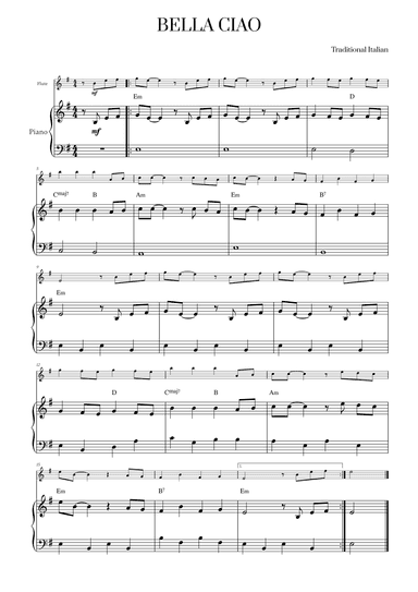 Bella Ciao with chords for Flute and Piano (arr. Cadenza Editions)