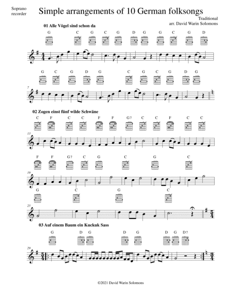 10 Volkslieder - Simple arrangements of 10 German folk songs (soprano recorder and guitar chords) (arr. David Warin Solomons)