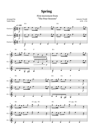 Spring - The Four Seasons for Clarinet Trio (+ CHORDS) (arr. Valdir Maia)