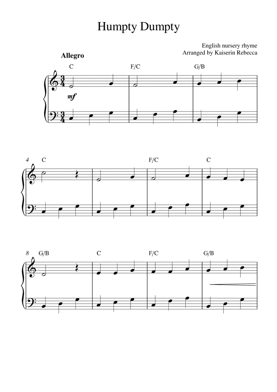 Humpty Dumpty (for piano solo with chords) (arr. Kaiserin Rebecca)