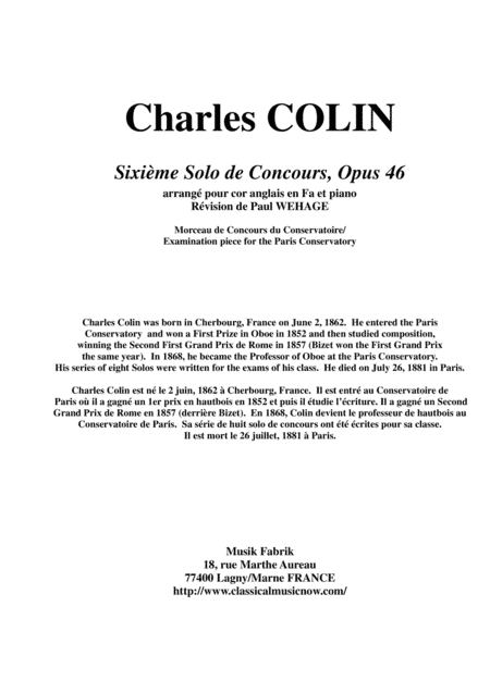 Charles Colin: Sixième Solo de Concours, Opus 46 arranged for english horn and piano (arr. Paul Wehage)