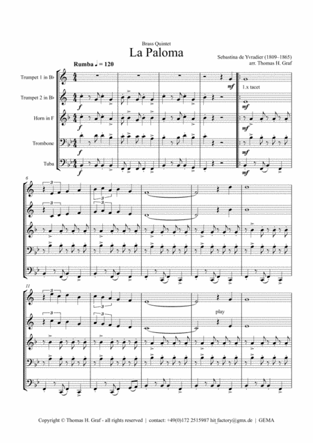 La Paloma - Spanish Habanera - Brass Quintet (arr. Thomas H. Graf)