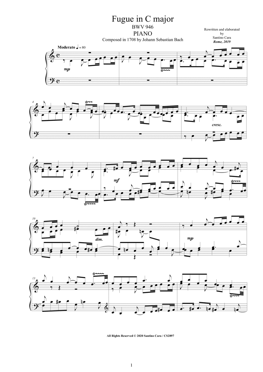 Bach - Fugue in C major BWV 946 for Piano (arr. Santino Cara)