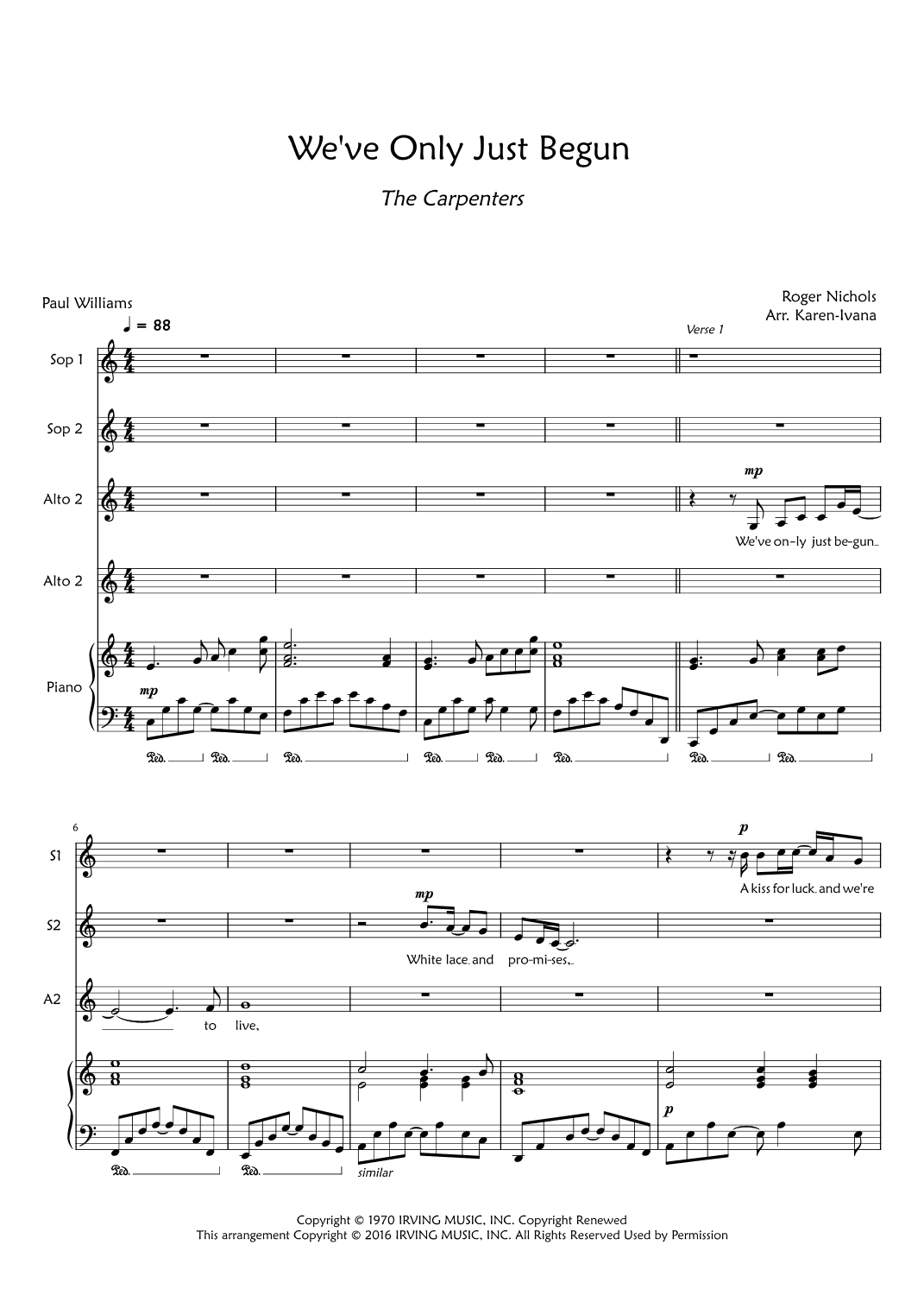 We've Only Just Begun (arr. Karen Ivana)