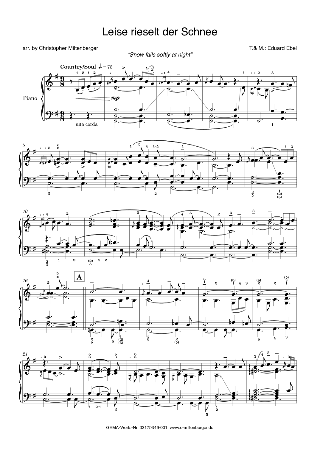 Leise rieselt der Schnee for Piano Solo (Snow falls softly at night) (arr. Christopher Miltenberger)