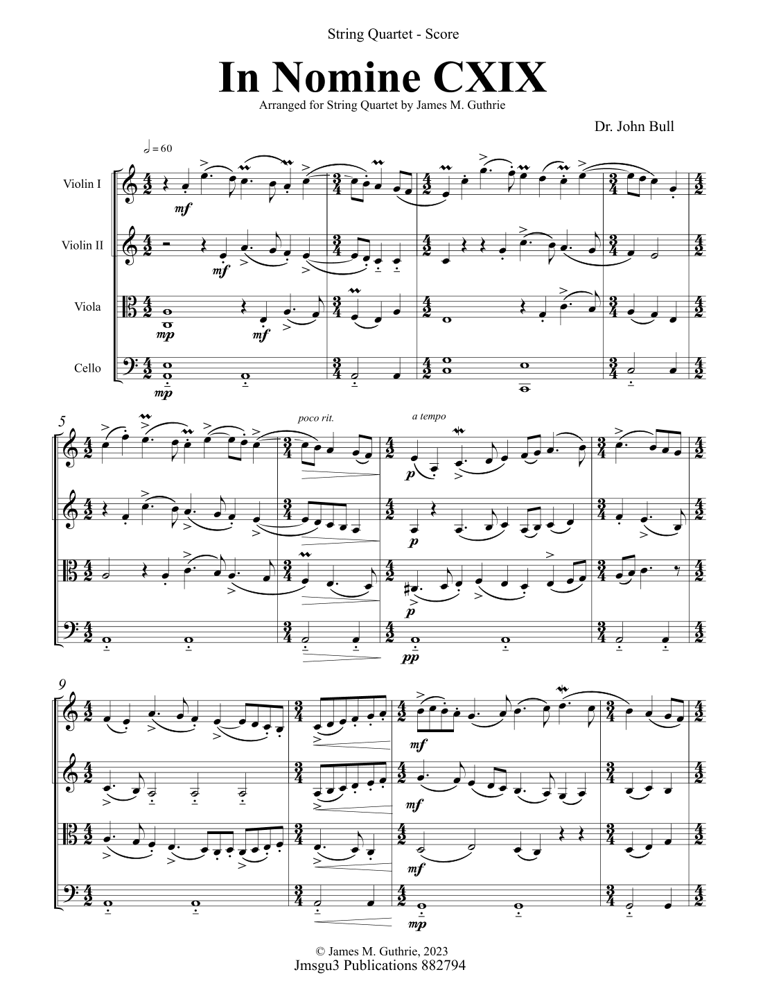 Bull: In Nomine CXIX for String Quartet (arr. James M. Guthrie)