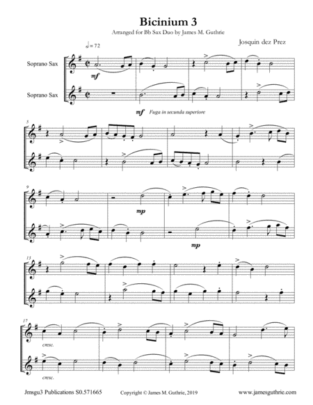 Josquin: Bicinium 3 for Bb Sax Duo (arr. James M. Guthrie)