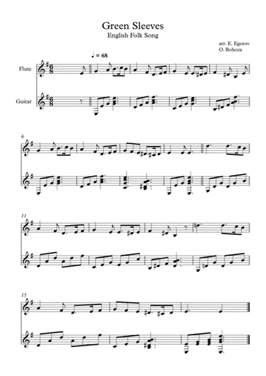 Green Sleeves, English Folk Song, For Flute & Guitar