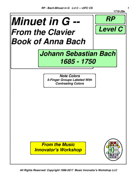 Bach - Minuet in G - Series 5FC - (Key Map Tablature) (arr. John M. Honeycutt)