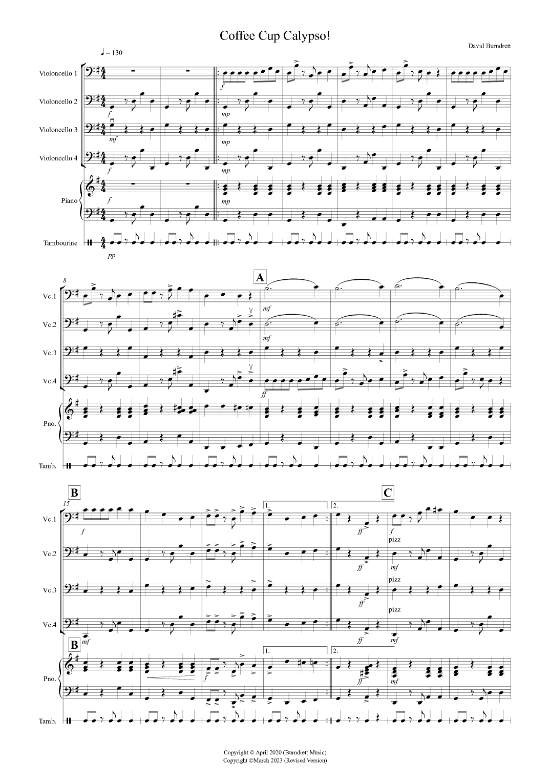 Coffee Cup Calypso! for Cello Quartet
