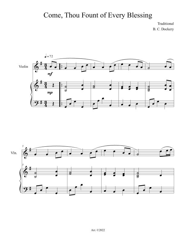 Come, Thou Fount of Every Blessing (Violin Solo with Piano Accompaniment) (arr. B. C. Dockery)