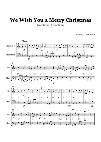 We Wish you a Merry Christmas for Horn in F and Trombone Duet with Chords (arr. Rika K.)