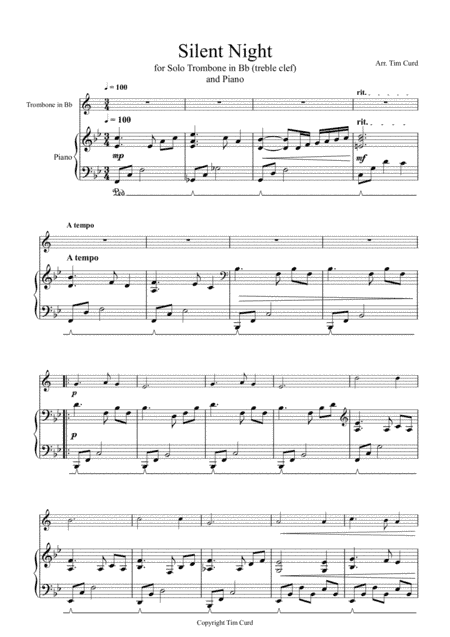 Silent Night for Solo Trombone/Euphonium in Bb (treble clef) and Piano (arr. Tim Curd)