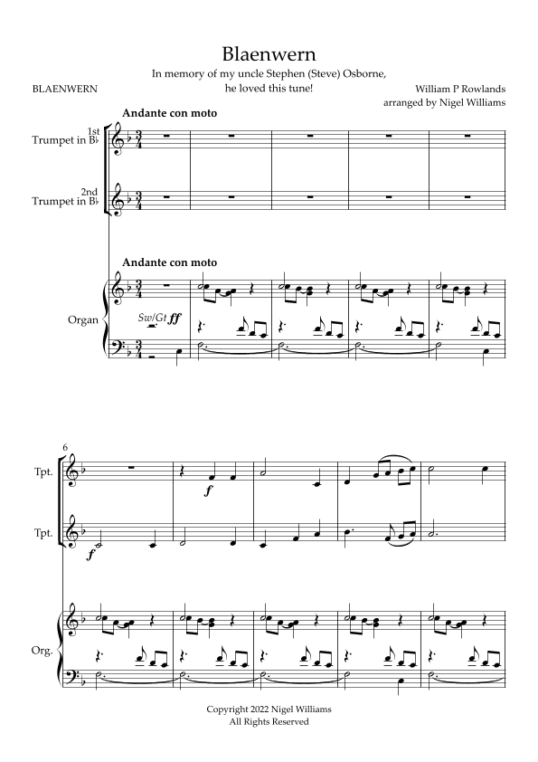 Blaenwern, (Love Divine, All Loves Excelling), for Trumpet Duet and Organ (arr. Nigel Williams)