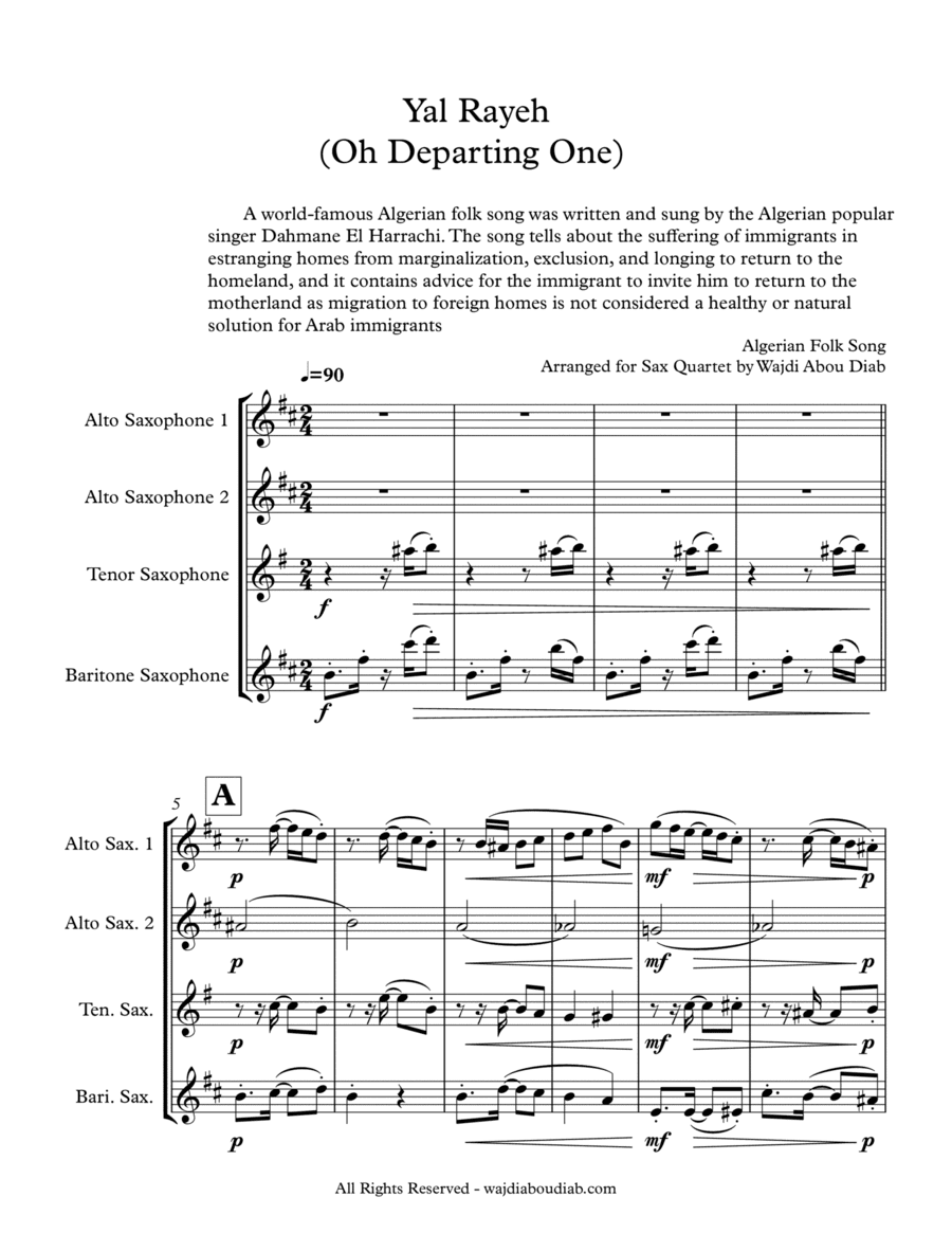 Yal Rayeh (Arabic Song) - Saxophone quartet (arr. Wajdi Abou Diab)