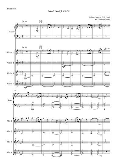 Amazing Grace (John Newton, E. O. Excell) for Violin Quartet and Piano Accompaniment with Chords (arr. Fernando Britto)