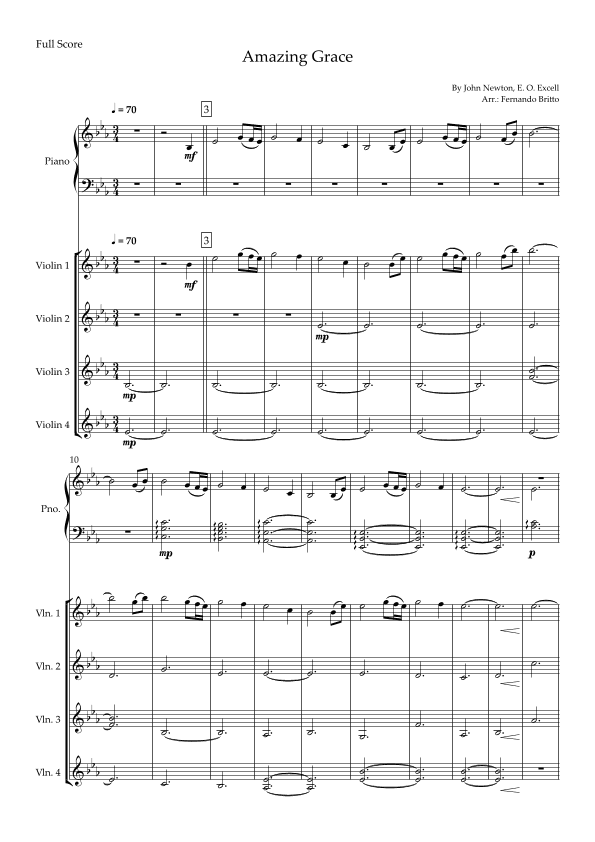 Amazing Grace (John Newton, E. O. Excell) for Violin Quartet and Piano Accompaniment with Chords (arr. Fernando Britto)