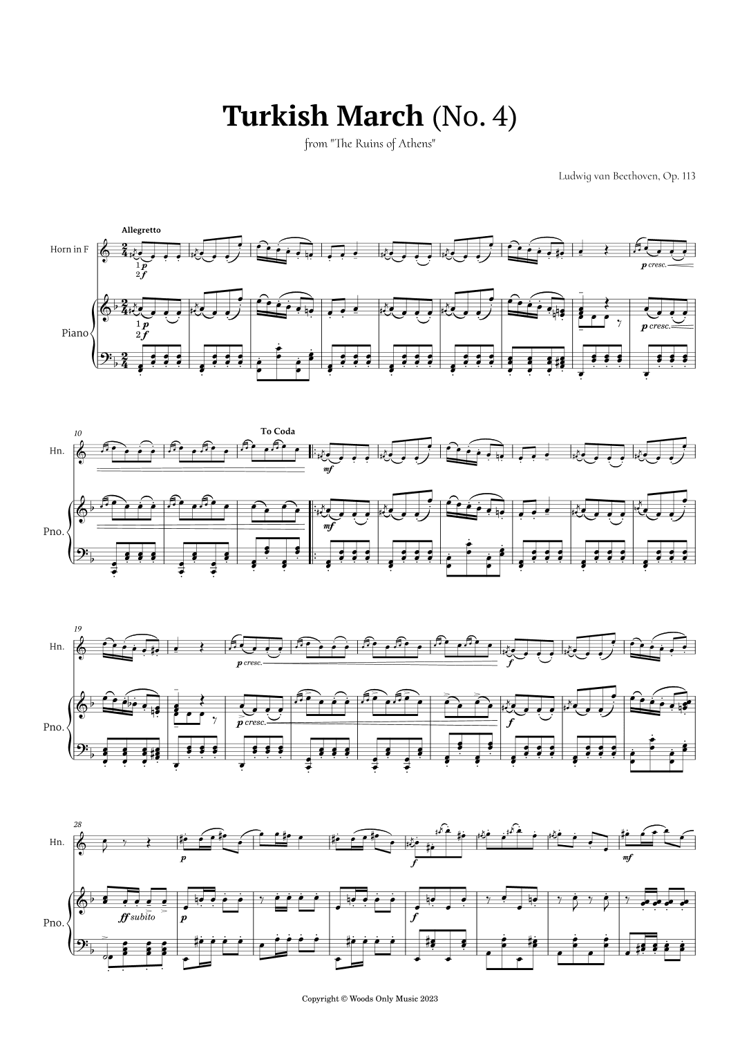 Turkish March by Beethoven for French Horn and Piano (arr. Ander)