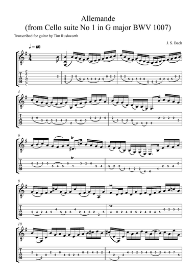 Allemande (from Cello suite No 1 BWV 1007) in G major (arr. Tim Rushworth)