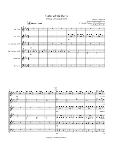 Carol of the Bells (F min) (Woodwind Sextet - 2 Flute, 2 Clar, 1 Hrn, 1 Bassoon) (arr. Regis Bookshar)