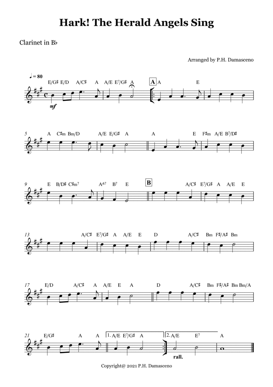 Hark! The Herald Angels Sing - Clarinet in Bb Solo with Chords (arr. P.H. Damasceno)