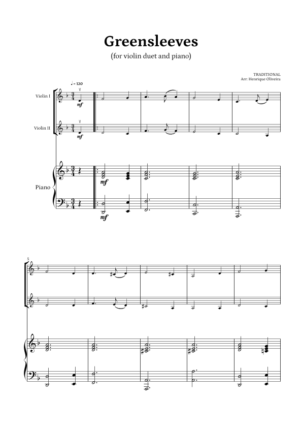 What Child Is This? (Greensleeves) - for violin duet and piano (arr. Henrique Oliveira)