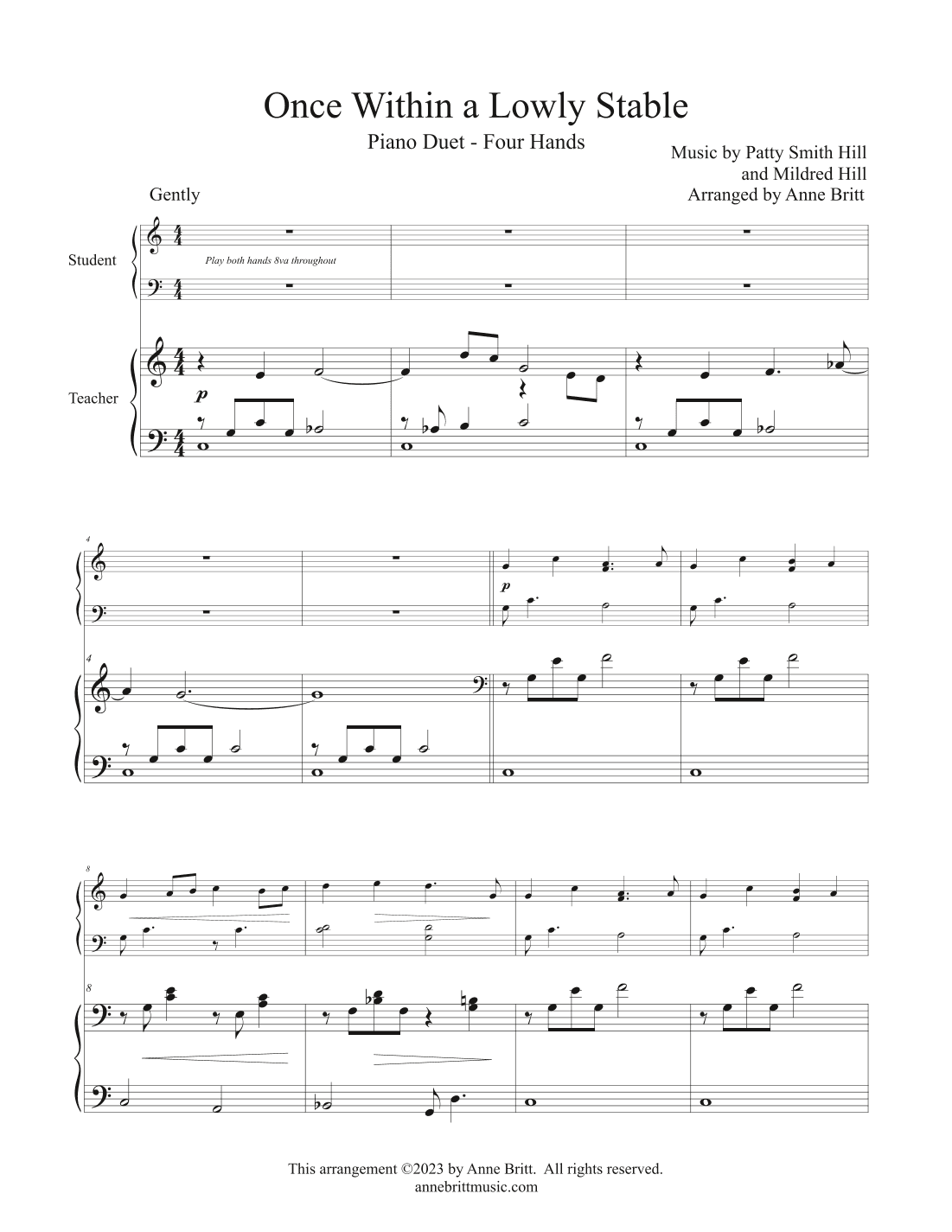 Once Within a Lowly Stable (late elementary student/teacher piano duet) (arr. Anne Britt)
