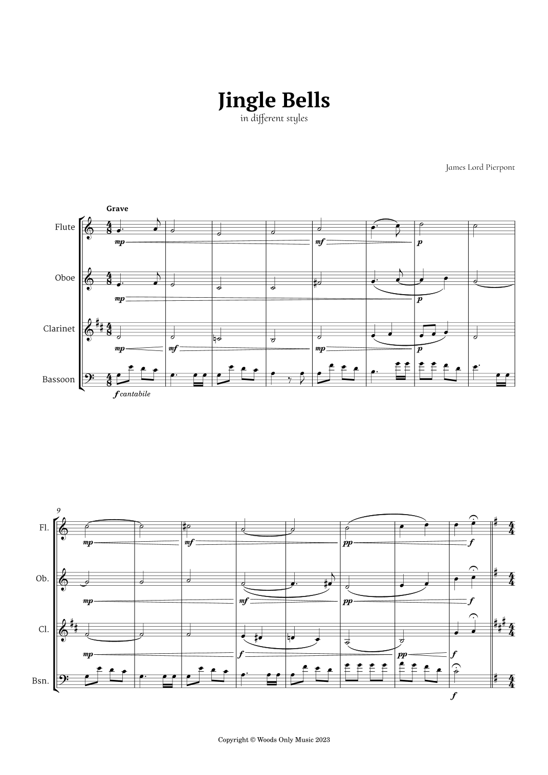 Jingle Bells in Different Styles for Woodwind Quartet (arr. Ander)