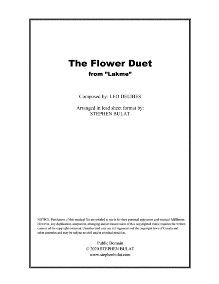 The Flower Duet (from "Lakme") - lead sheet for treble clef duo (key of B) (arr. Stephen Bulat)