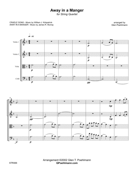 AWAY IN A MANGER for STRING QUARTET (unaccompanied) (arr. Glen Poehlmann)