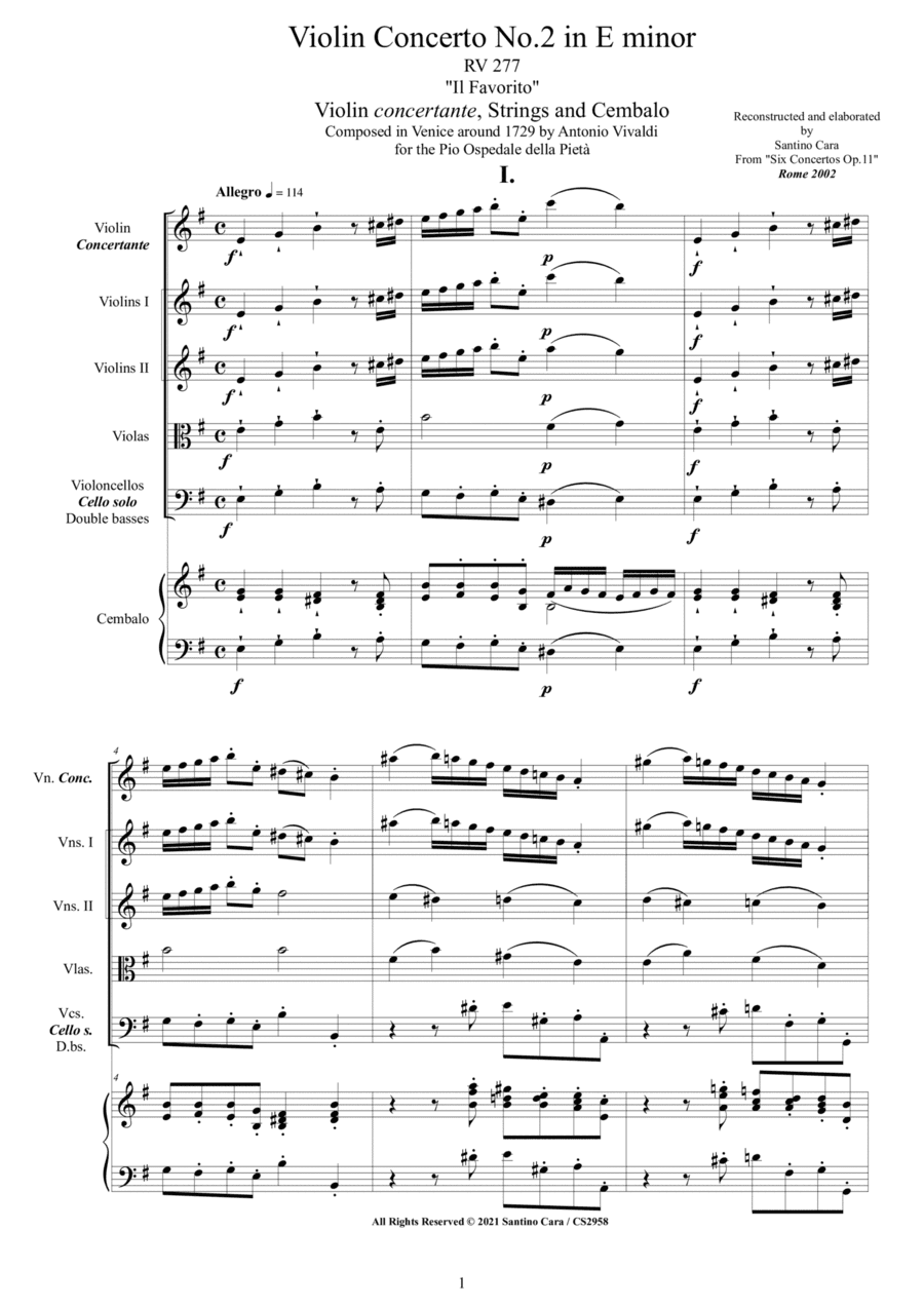 Vivaldi - Violin Concerto No.2 in E minor 'Il Favorito' RV 277 Op.11 for Violin, Strings and Cembalo (arr. Santino Cara)