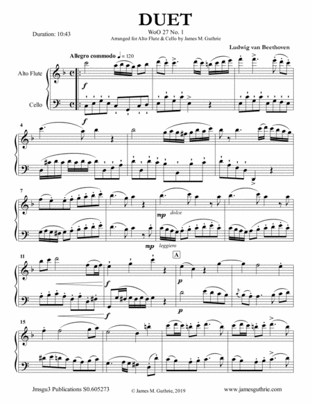 Beethoven: Three Duets WoO 27 for Alto Flute & Cello (arr. James M. Guthrie, ASCAP)