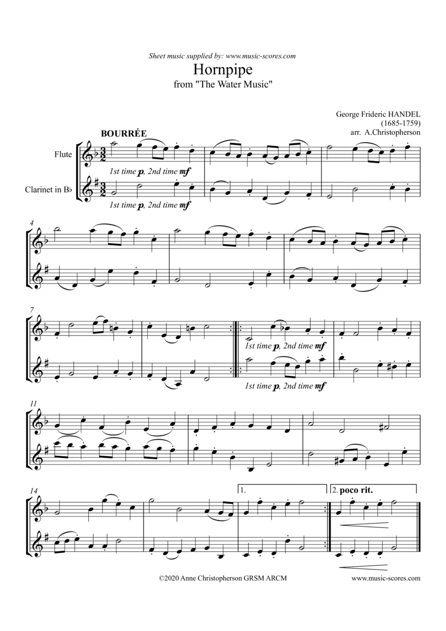 Hornpipe from the Water Music - Flute and Clarinet (arr. Anne L Christopherson GRSM ARCM)