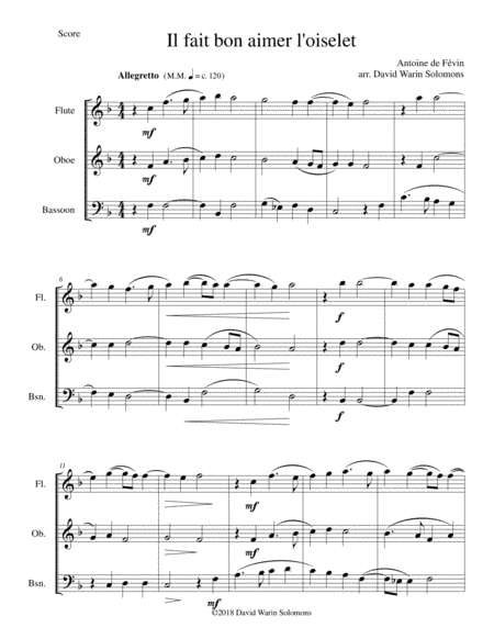 Il fait bon aimer l'oiselet for wind trio (flute, oboe, bassoon) (arr. David Warin Solomons)
